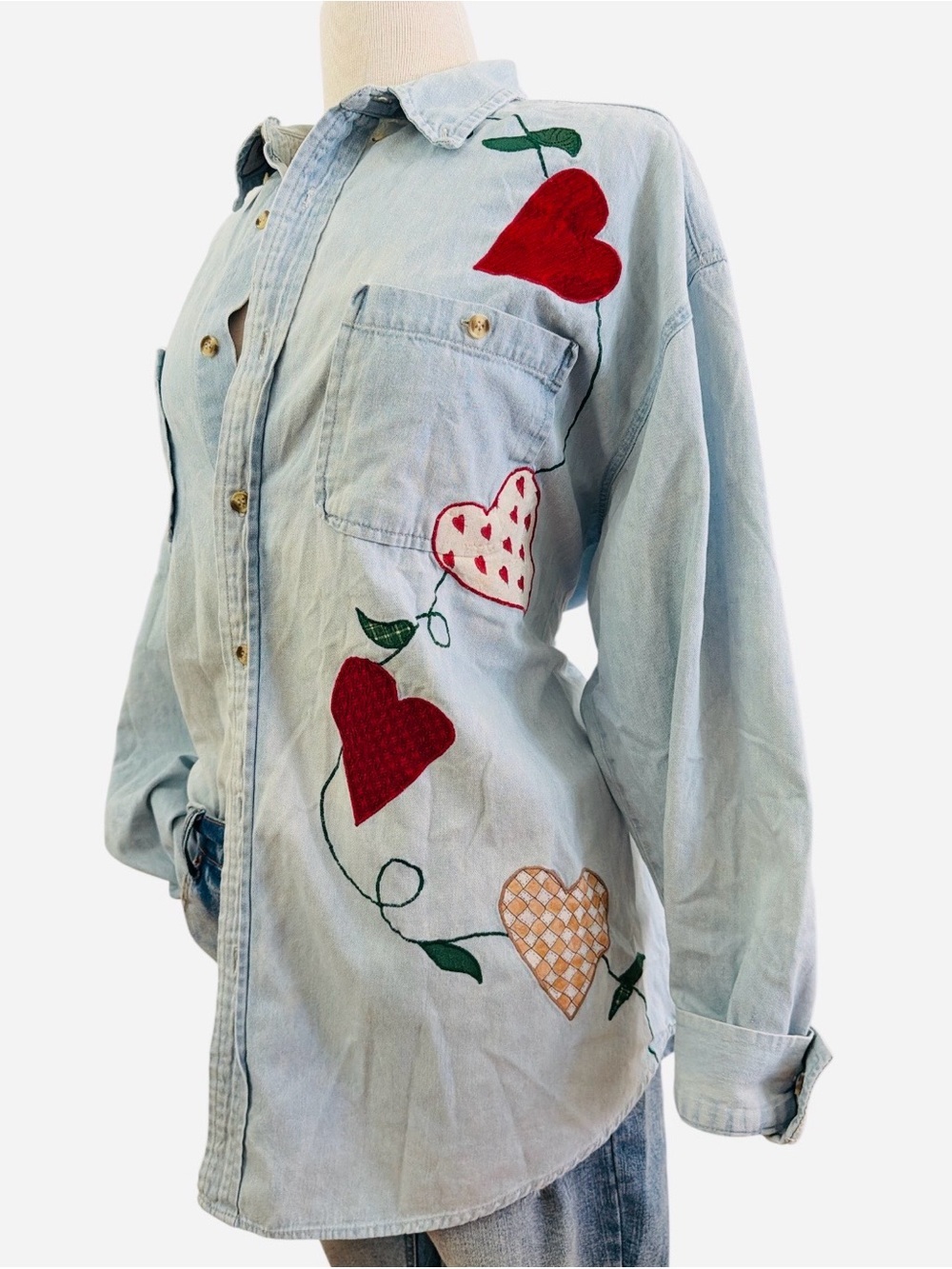 Light Wash Denim Button-Up Shirt with Red & Tan Heart Appliqués